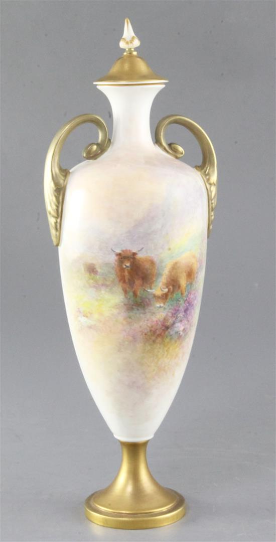 Harry Stinton for Royal Worcester. A Highland cattle painted two twin handled vase and cover, date code for 1956, height 32cm